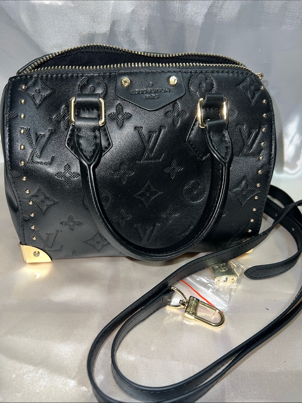 Black Embossed Monogram Satchel with Gold Hardware
